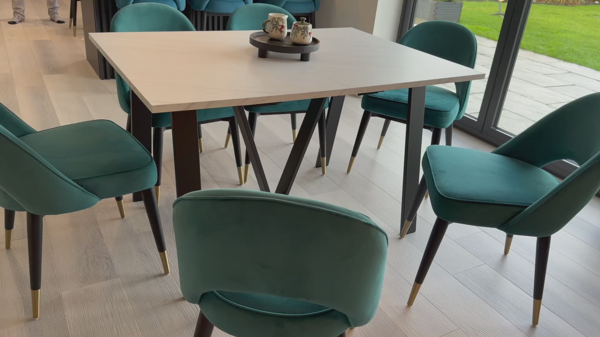 Load video: Lungo Marble Effect, 4 to 16 Seat Rectangle Extending Dining Table, 130cm - 330cm